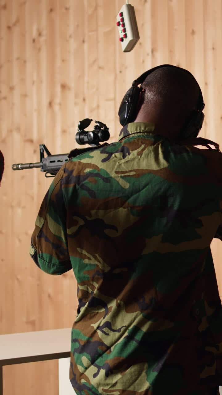 Vertical video Military team in firing range doing shooting course
