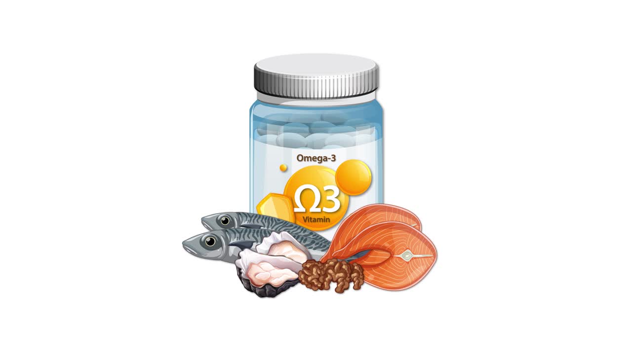 Omega-3 supplement bottle with fish, shellfish, nuts, and seeds appearing on white background, smooth transitions