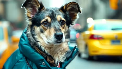 a dog wearing a blue jacket standing in the middle of a busy city street