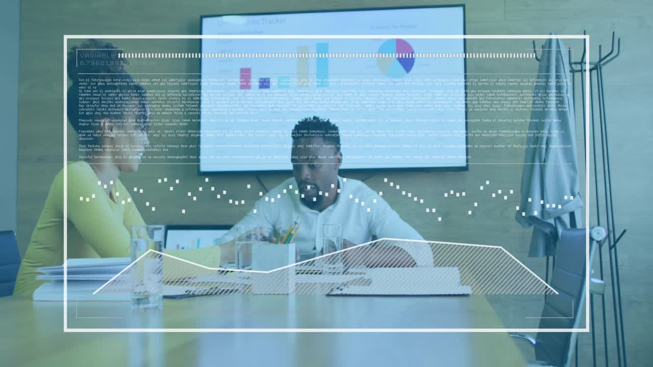 Man and woman reviewing documents for tech insights, waveform overlay appearing, code forming mesh