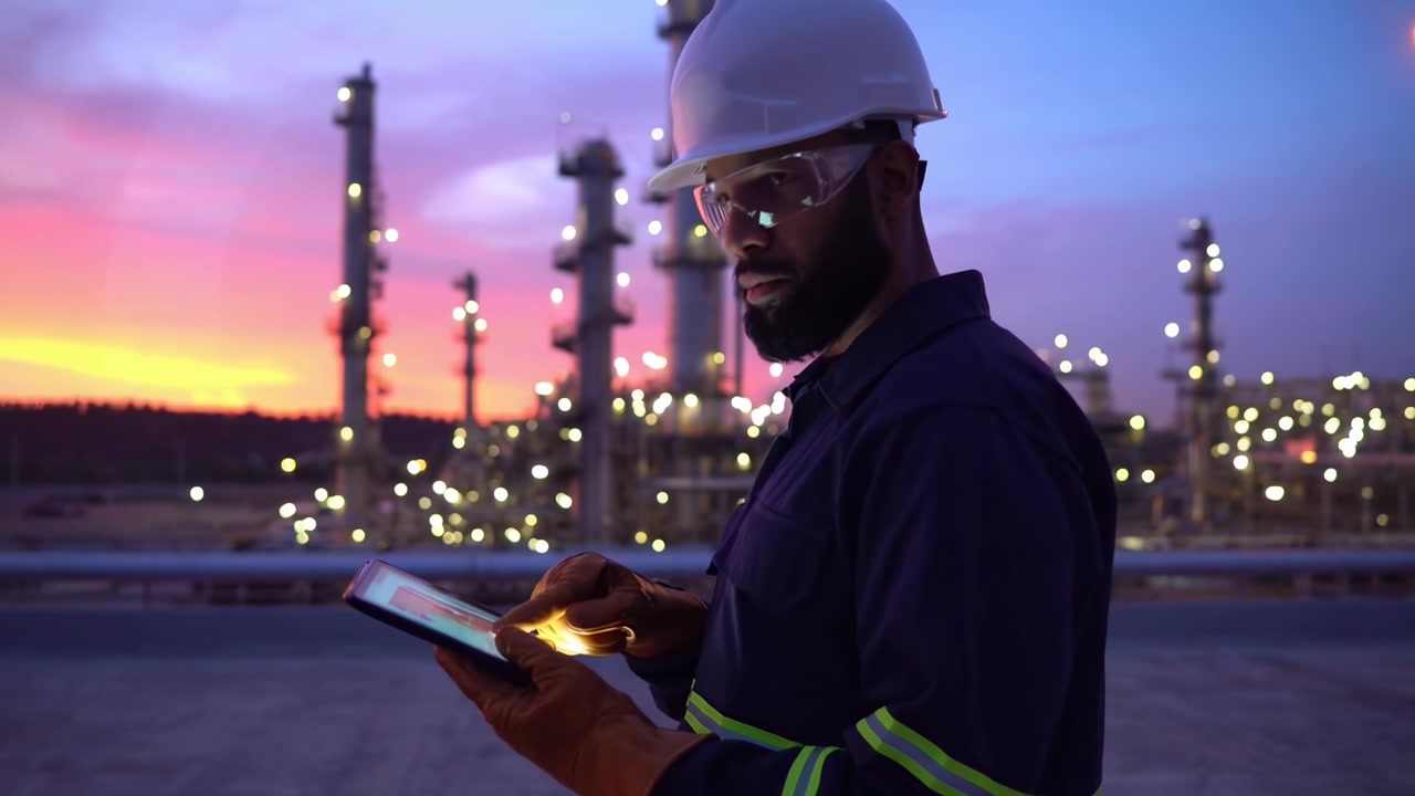 Engineer Using Digital Tablet at Industrial Plant During Sunset