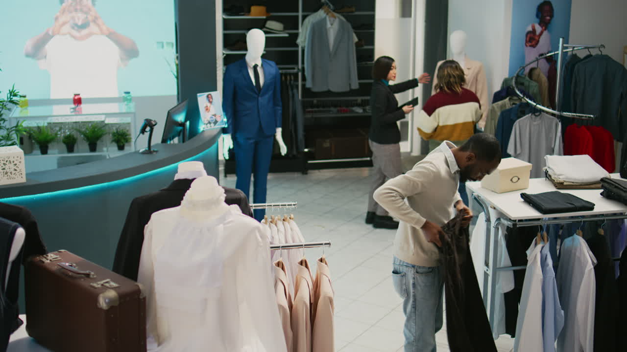 Inside a clothing store with customers and retail workers