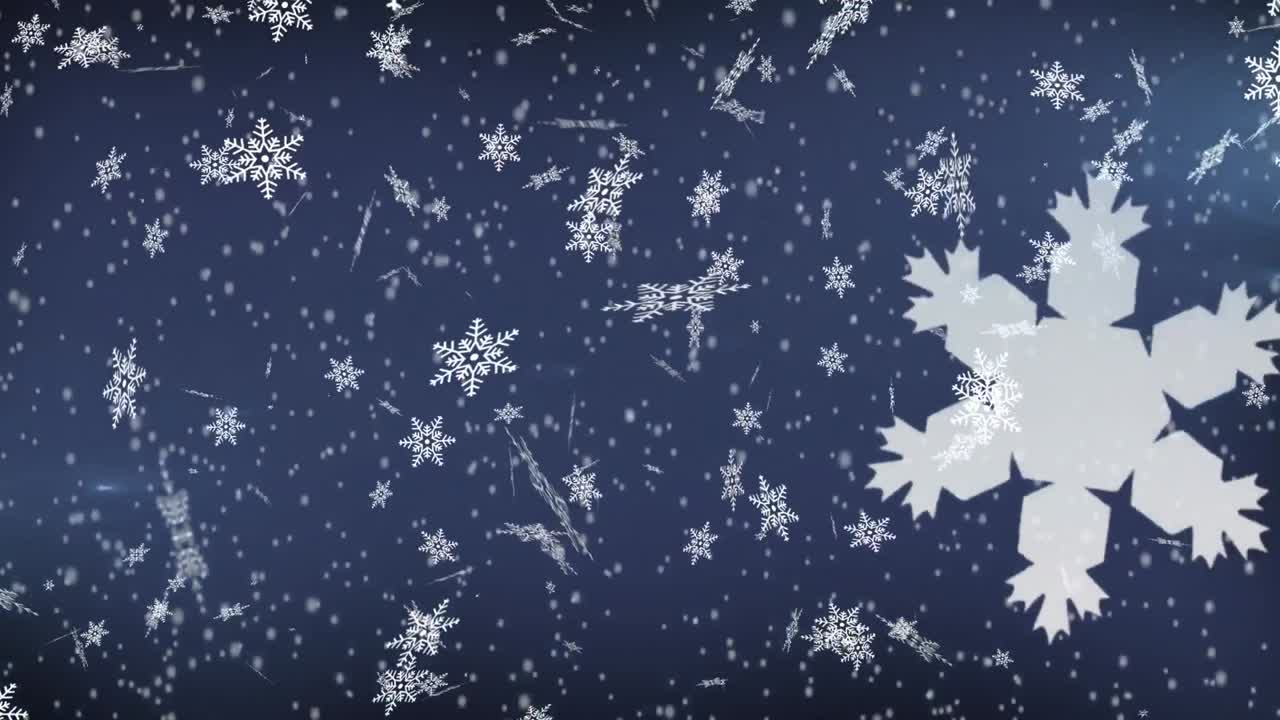 animación digital de copos de nieve que se mueven contra un fondo azul