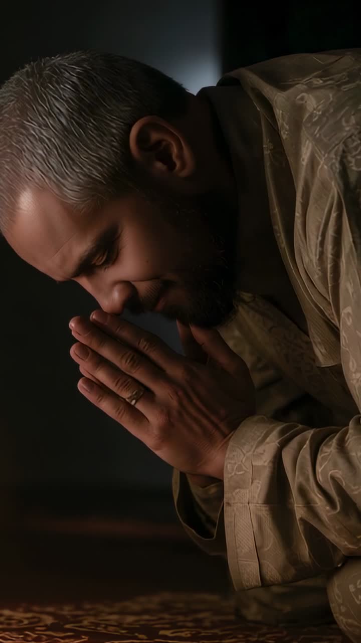 Vertical video: Bearded man praying under soft light on prayer rug, dim room, robe, ring visible