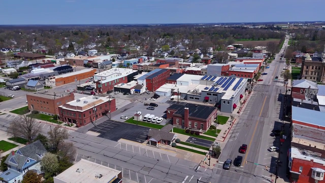 Upper Sandusky, Ohio, USA downtown district establishing community life in aerial view