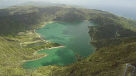 high flying aerial drone shotof the lagoa do fogo lake in the azores