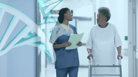 animation of dna strand over diverse female doctor and patient in hospital