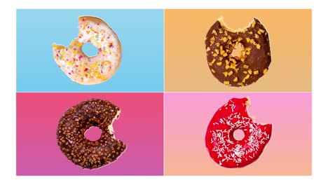 set of 4 bitten doughnuts sweet food, donut cartoon pop art style. posterized colored illustration halftone pattern. vintage retro design. seamless loop. abstract colorful animation