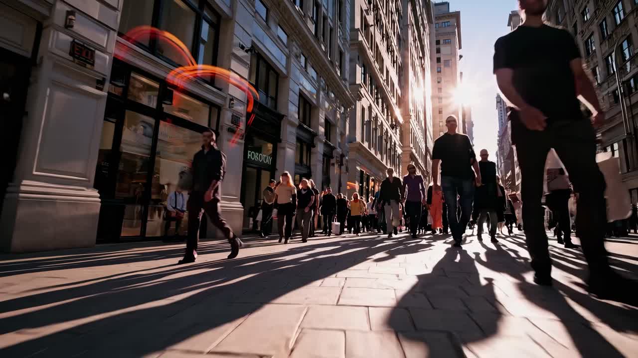 Dynamic street scene video with a low-angle view, capturing bustling pedestrians and long shadows