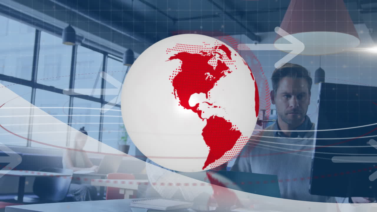 Globe animation over diverse professionals collaborating in modern office setting