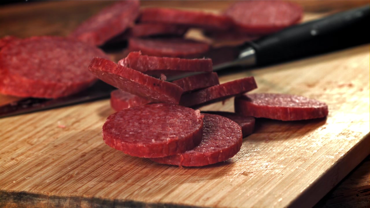 Fette di salame che cadono al rallentatore su un tagliere di legno