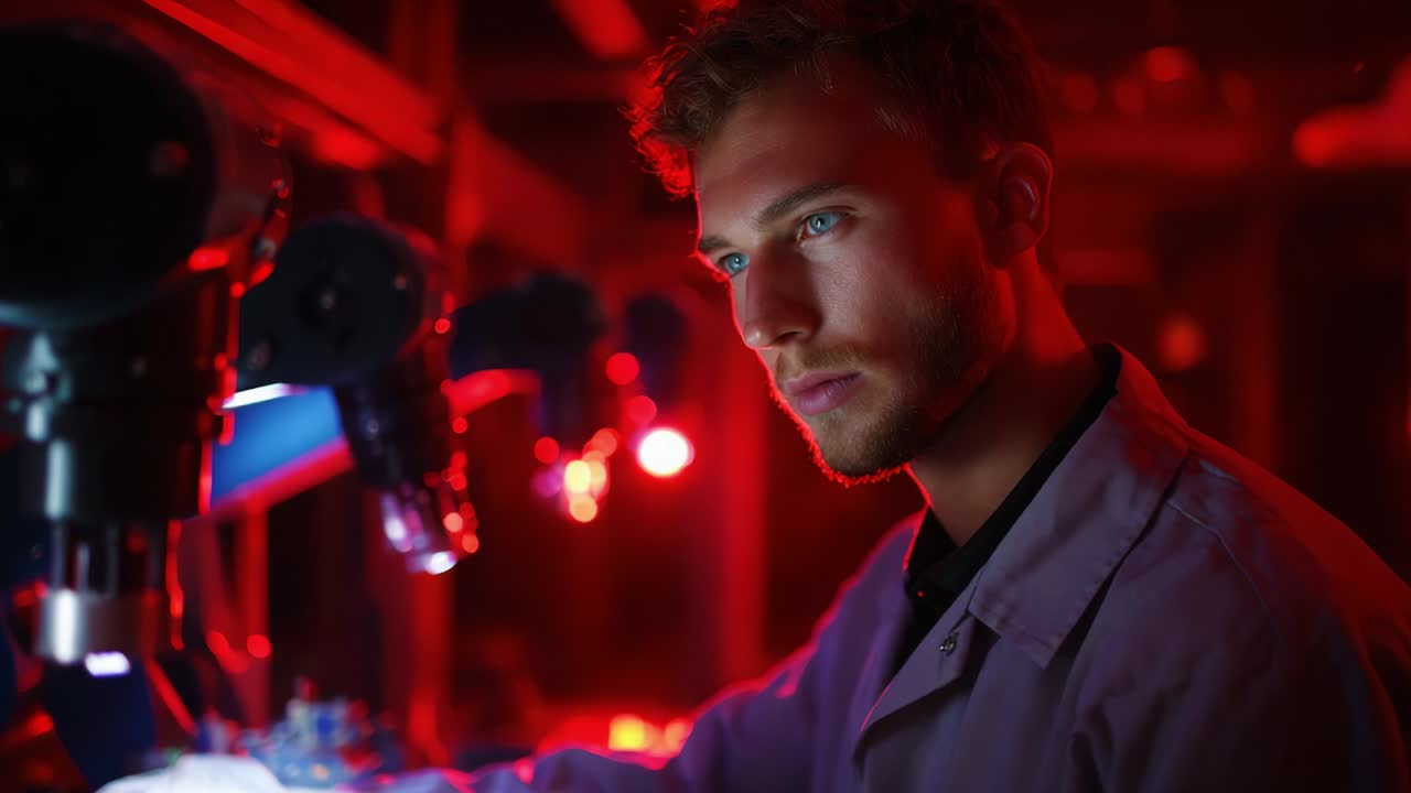 Una persona concentrata in un laboratorio, impegnata in un'osservazione dettagliata o in una sperimentazione in condizioni di illuminazione rossa ambientale, che mette in mostra un'atmosfera di innovazione e indagine scientifica attraverso tecnologie avanzate