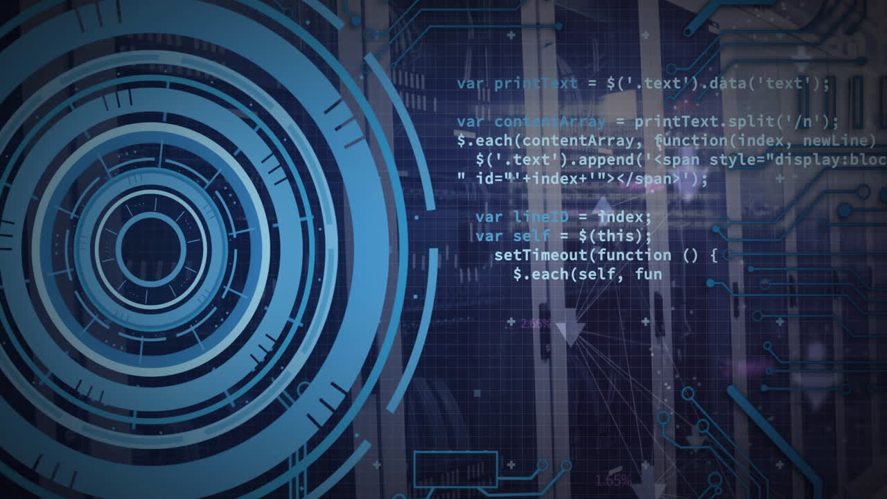 animación del procesamiento de datos y el escaneo de alcance sobre la sala de servidores