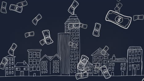 animation of banknotes falling over cityscape