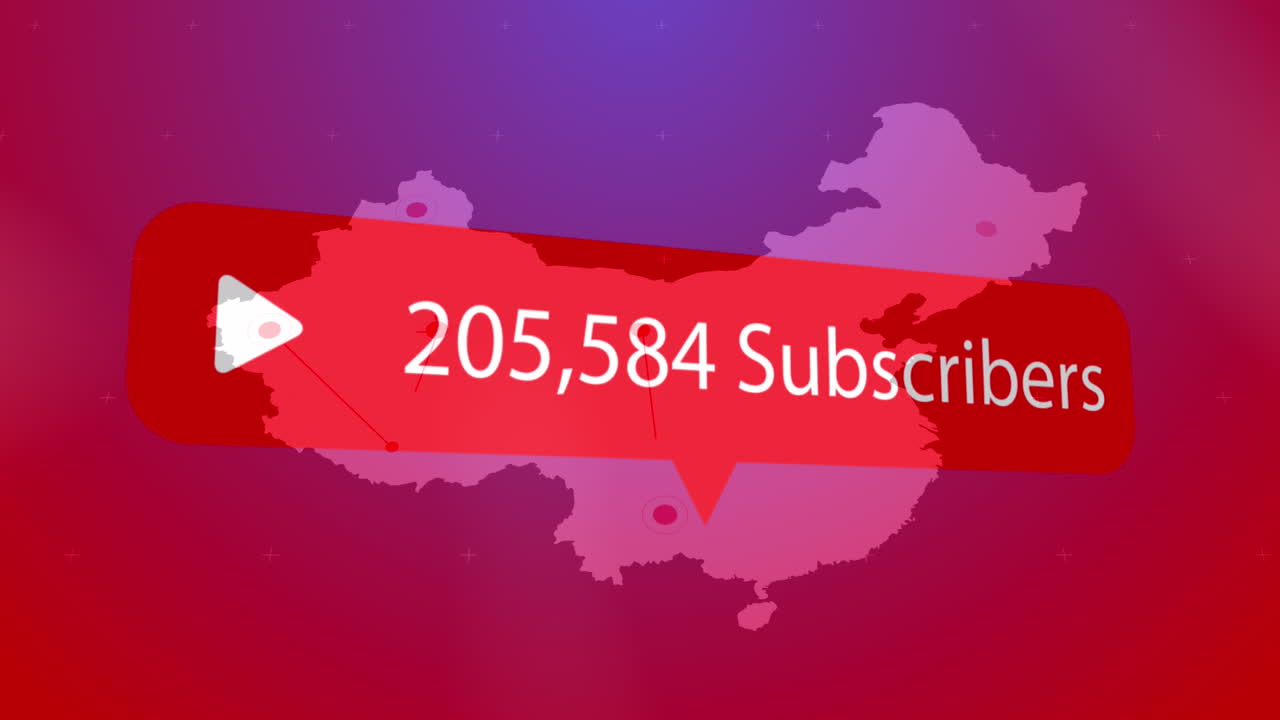 Animation of play icon with increasing subscribers on a speech bubble against usa map