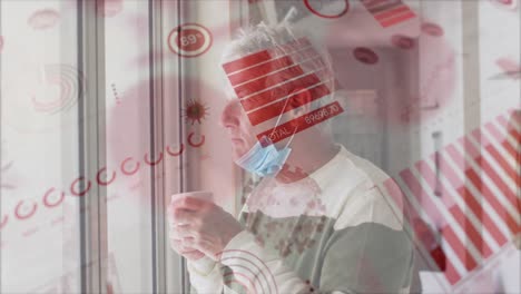 Animation-Von-Covid-19-Zellen-Und-Statistiken-über-Einen-älteren-Mann-Mit-Gesichtsmaske-Am-Fenster