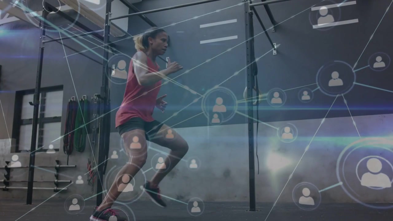 Woman starting skipping near left frame, performing cardio jumps while network icons covering torso