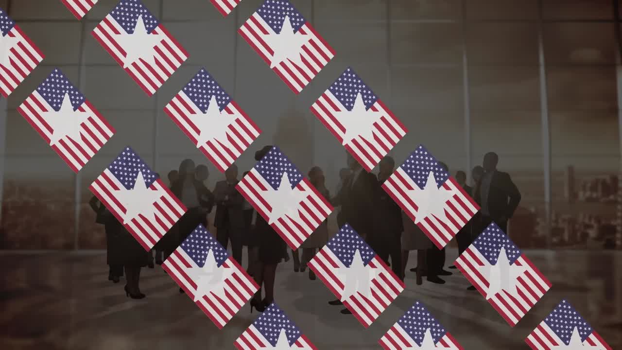Animation of flags of usa over businesspeople silhouettes over cityscape