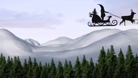 Animation-of-santa-claus-in-sleigh-with-reindeer-over-snow-falling-and-winter-landscape