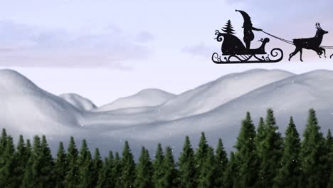 animation von weihnachtsmann im schlitten mit rentieren über fallendem schnee und winterlandschaft