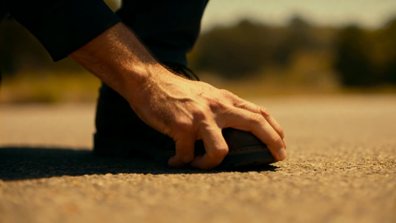 Lowering adult male hand pressing down on dark boot at sunlit asphalt, holding boot down