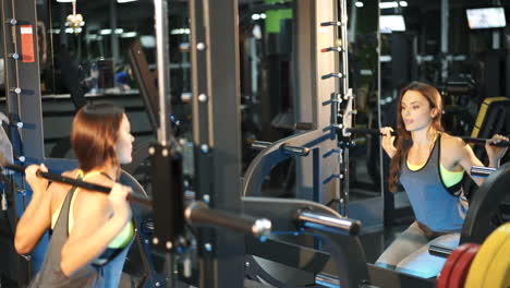 young beautiful woman in a gym doing sit-ups with a bar in front of a mirror. women's athletics