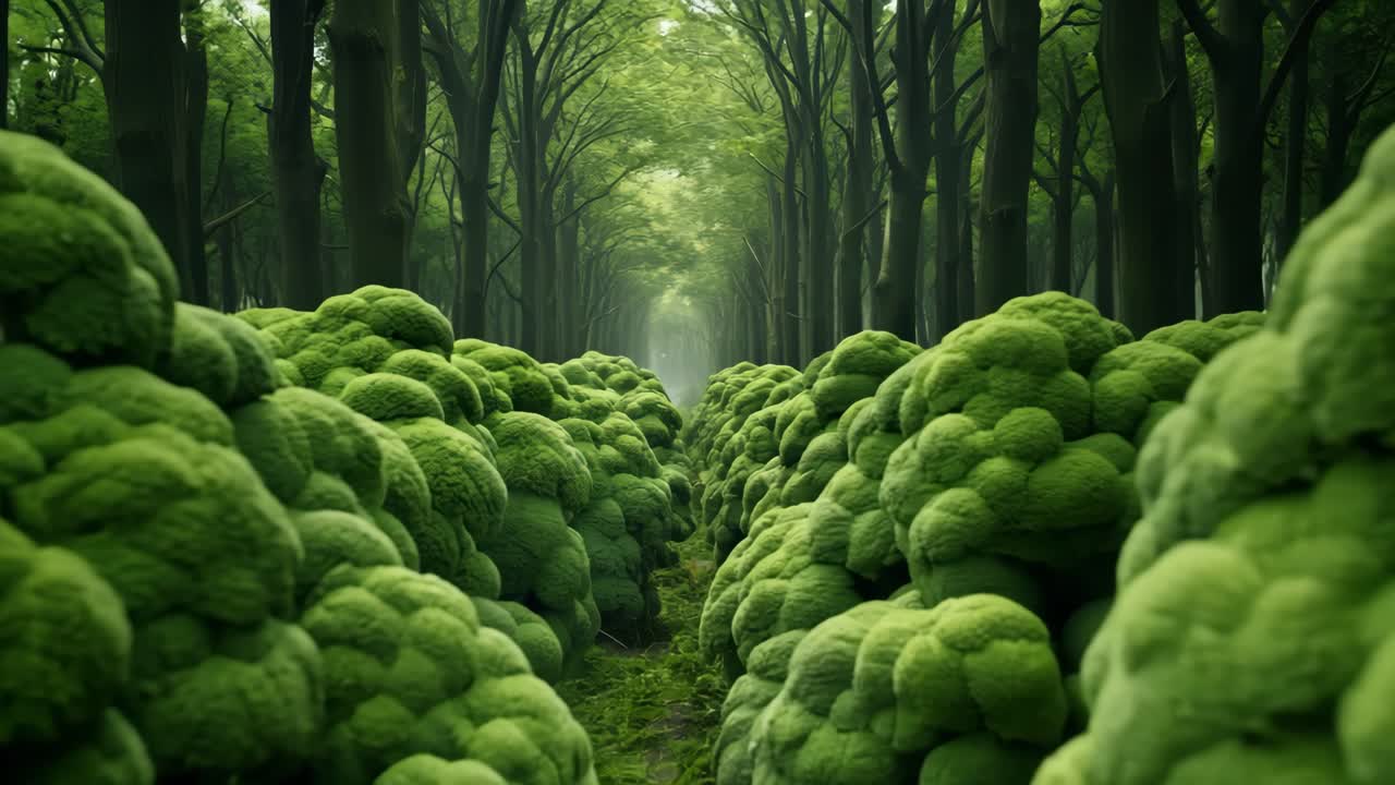 Verdant moss enveloping rocky ground, forming spherical clusters amid towering forest trees, generating dreamlike woodland landscape with ethereal green texture