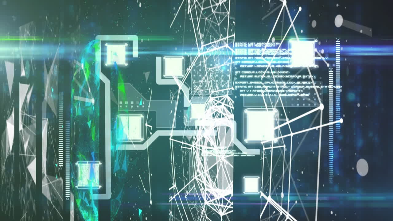 Animation of integrated circuit over shapes and lights in digital black and green space