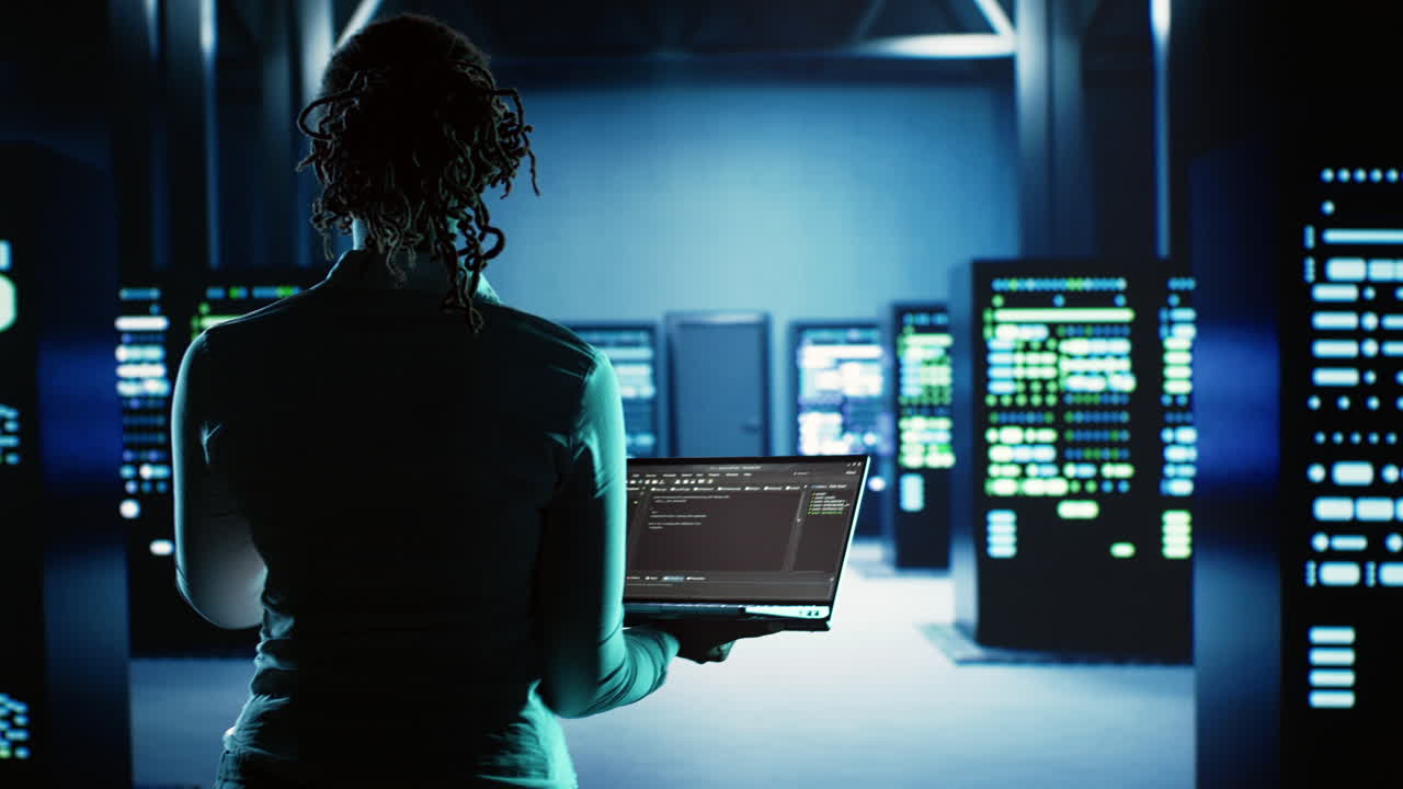 Engineer coding in data center