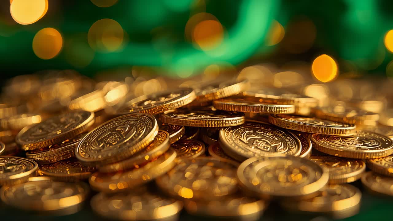 Pulling camera forward, pile of gold coins shimmering and settling on studio tabletop, amber bokeh