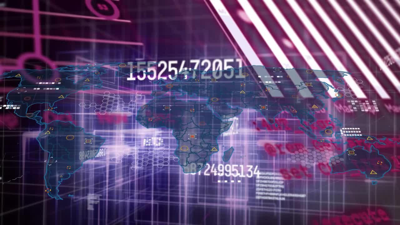 Animation of changing numbers and statistical data processing against world map and light trails