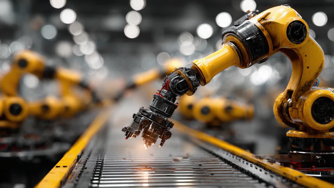 Automated Robotic Arm Engaged in Precision Manufacturing on Assembly Line, Highlighting Advanced Industrial Technology and Efficiency in Modern Production Environments