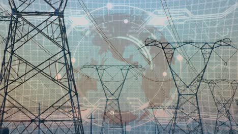 Animation-of-globe-over-landscape-with-electricity-pylons