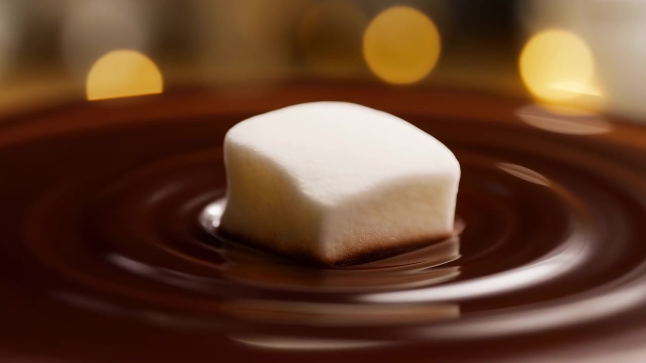Un marshmallow a forma di cubo si posa delicatamente nel cioccolato fondente lucido, inviando increspature concentriche e piccole onde morbide sulla superficie mentre il contrasto bianco cremoso e i caldi riflessi suggeriscono un'esperienza indulgente.