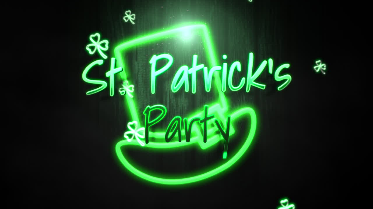 큰 네온 녹색 모자를 쓰고 나무 위에 날아다니는 작은 토끼풀을 쓴 성 패트릭 파티