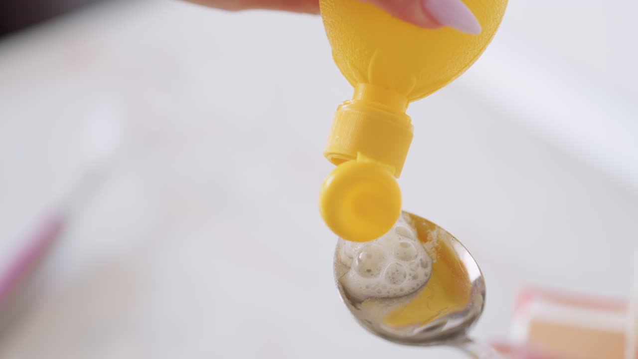 Close up of yellow bottle squeezing lemon juice into spoon with froth forming on surface, ingredient preparation step for baking or cooking process in bright kitchen setting with focus on detail