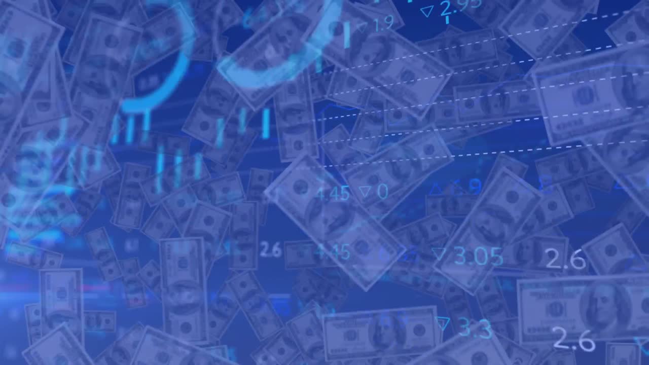 アメリカドル紙幣の上での金融データ処理のアニメーション