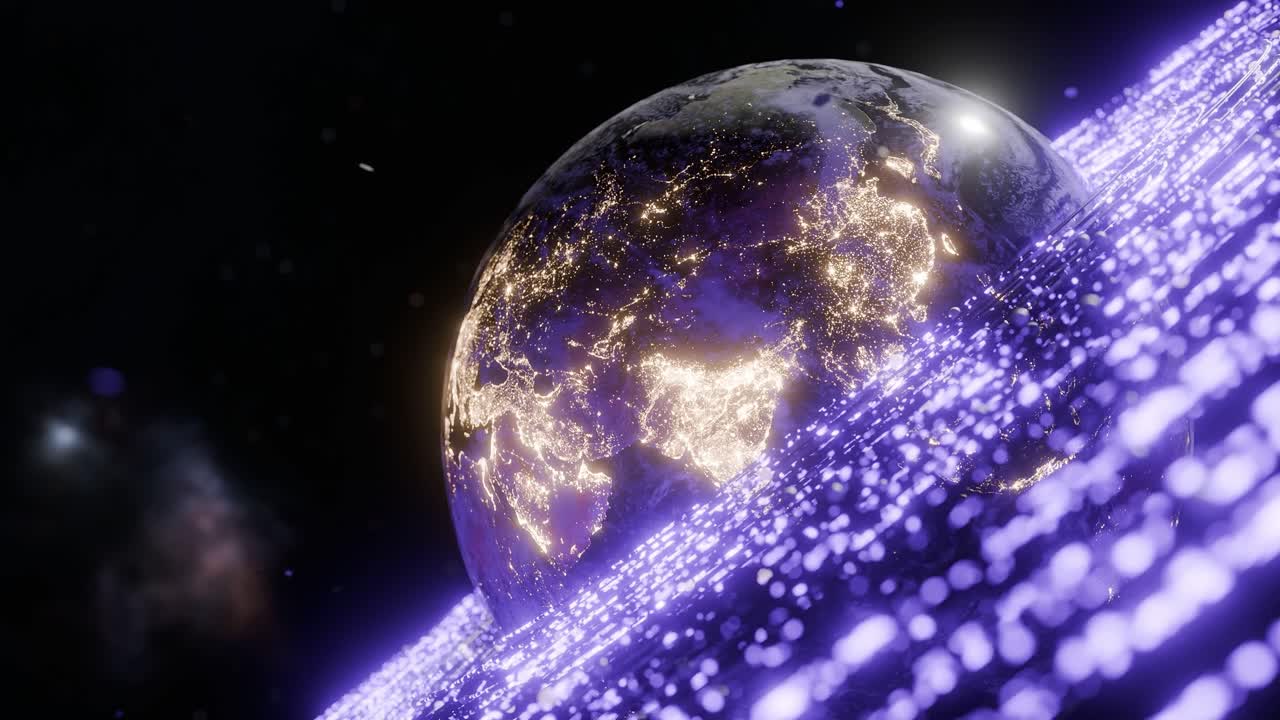 Earth showing illuminated regions of South Asia, East Asia, with purple digital particles in outer space. India, China. 3D rendering with night lights and energy wave. technology global connection