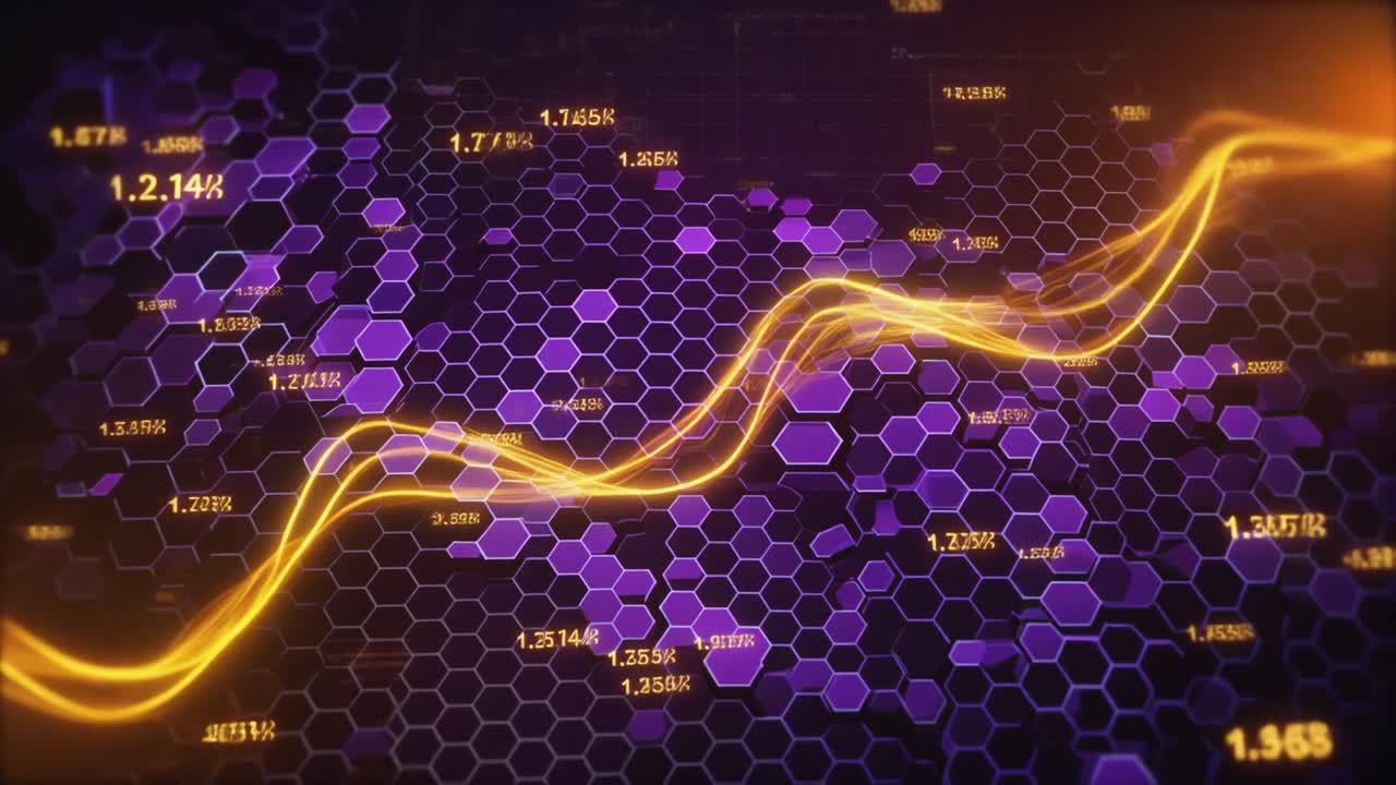 Gráfico Digital Dinâmico com Linha Brilhante e Fundo Hexagonal