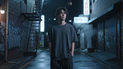 young man standing in a neon-lit urban alley at night