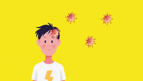 animation of red coronavirus cells moving over patients and doctors in face masks on yellow