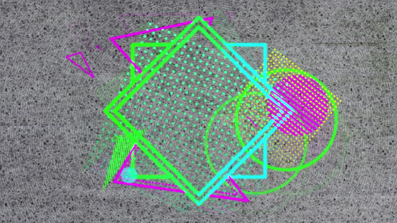 회색 콘크리트 텍스처 배경 위에 다채로운 그래픽 모양의 애니메이션