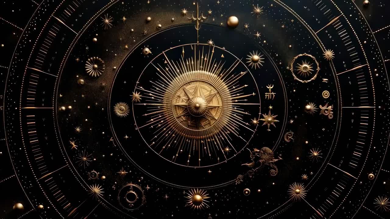 A celestial-themed video with a top-down angle, showcasing a golden astrological compass surrounded