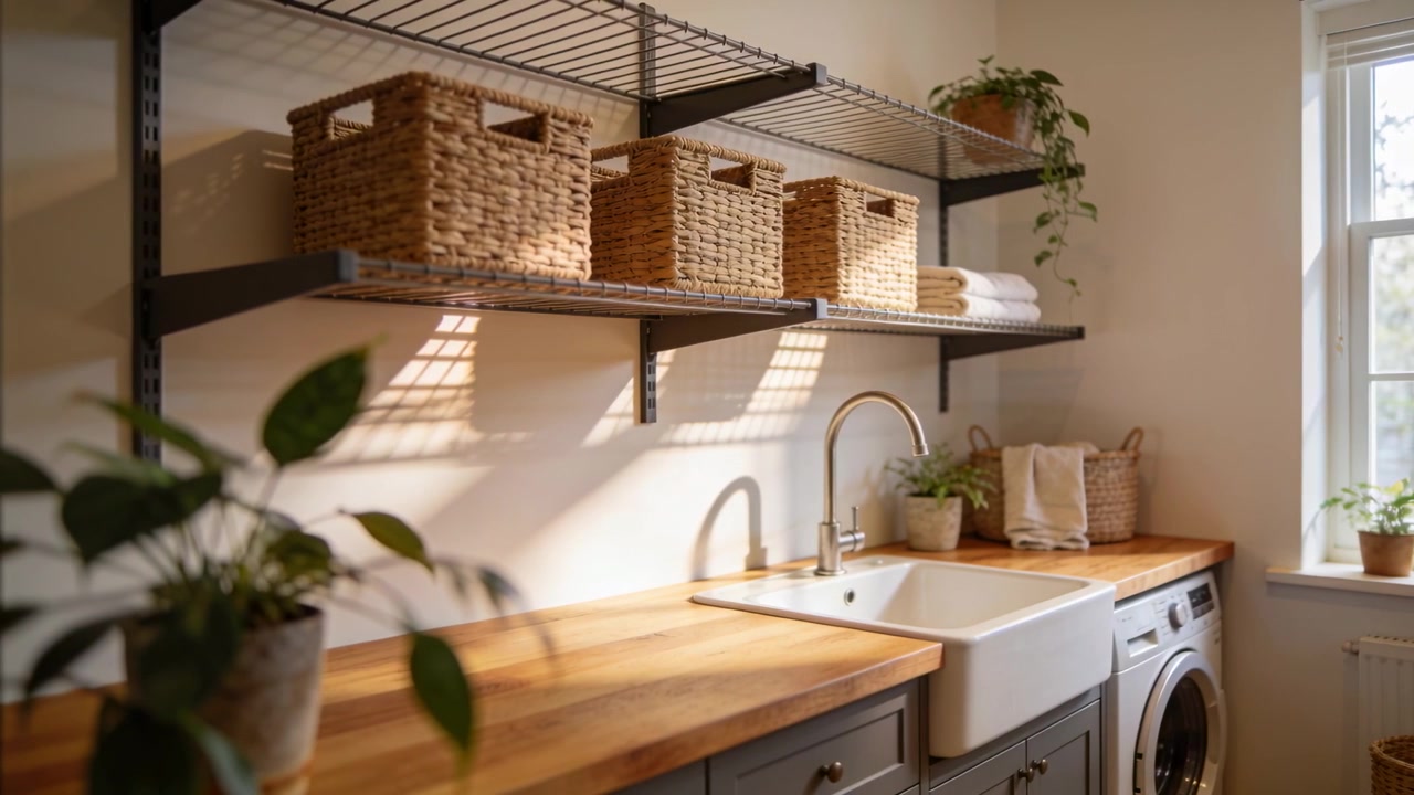 Shifting sunlight causing counter-shelf sharpening focus in laundry corner, with sink tap baskets
