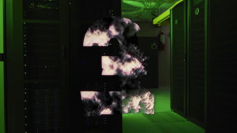 cloud computing animation over server room with green lighting