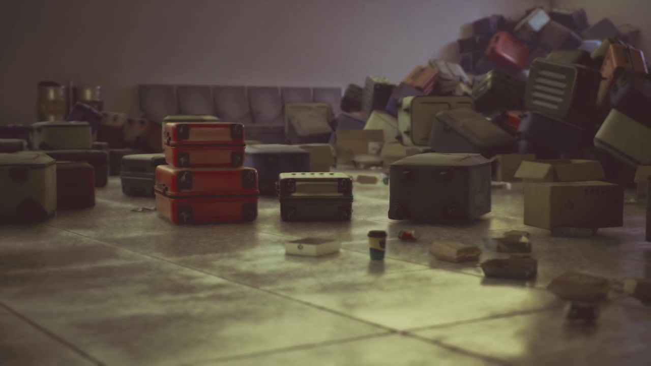 Abandoned terminal with retro tones and resting baggage pieces