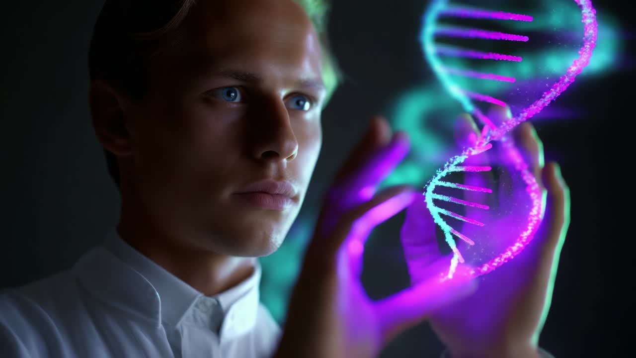 A Young Researcher Delving into Genetic Mysteries While Interacting with a Glowing DNA Helix, Symbolizing the Intersection of Science, Technology, and Innovation