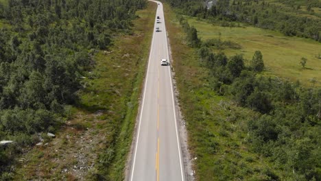 Luftaufnahme-Von-Fahrzeugen,-Die-Durch-Die-Hauptverkehrsstraße-Durch-Das-Setesdalen-Tal-Fahren