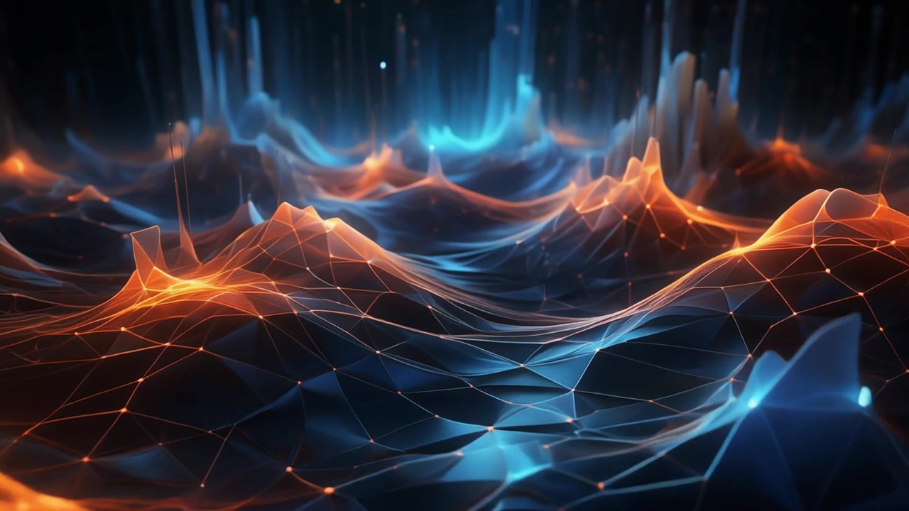 Paesaggio digitale astratto con onde di dati luminose arancioni e blu