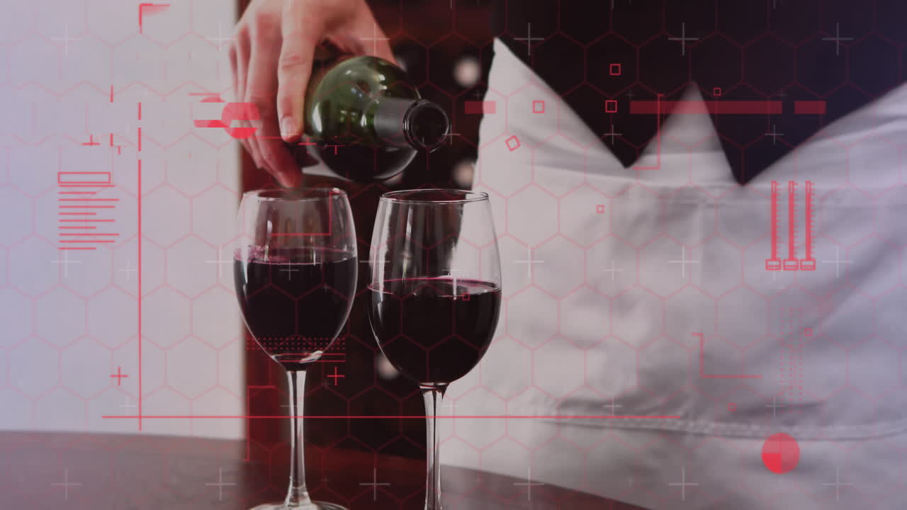 Waiter pouring red wine on dark wooden table, showing red hexagon HUD overlay highlighting tech